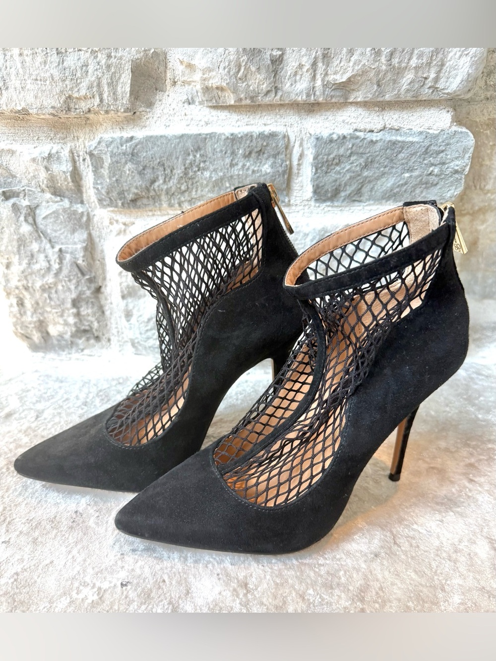 Brand New Jessica Simpson Wicasa Black Fishnet Pointed-Toe Stiletto Ankle Bootie